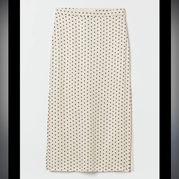 H&M Satin Polka Dot Split Side Cream Midi Skirt NWT Size 12 - Picture 1 of 12